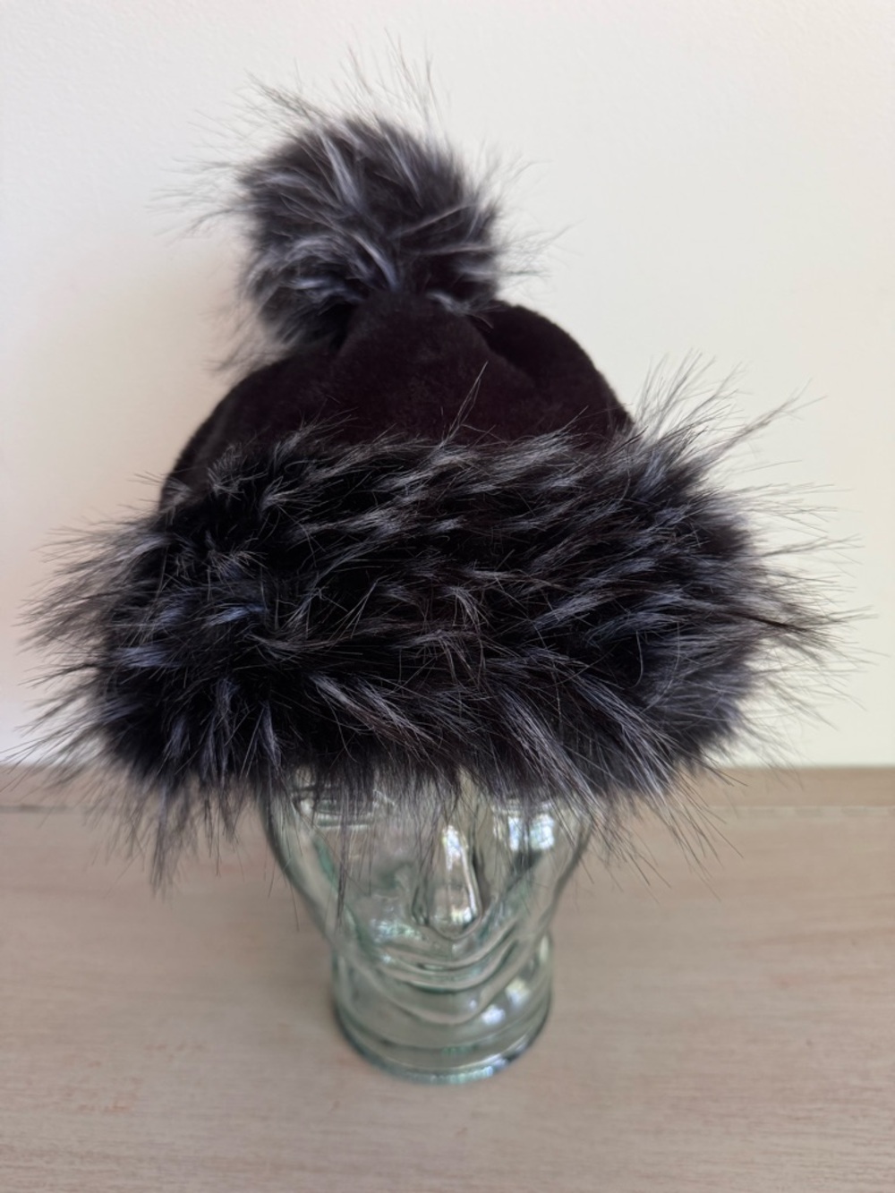 La Carrie Black Winter Hat Faux Fur Trim Adjustable Apres Ski Cossack Style